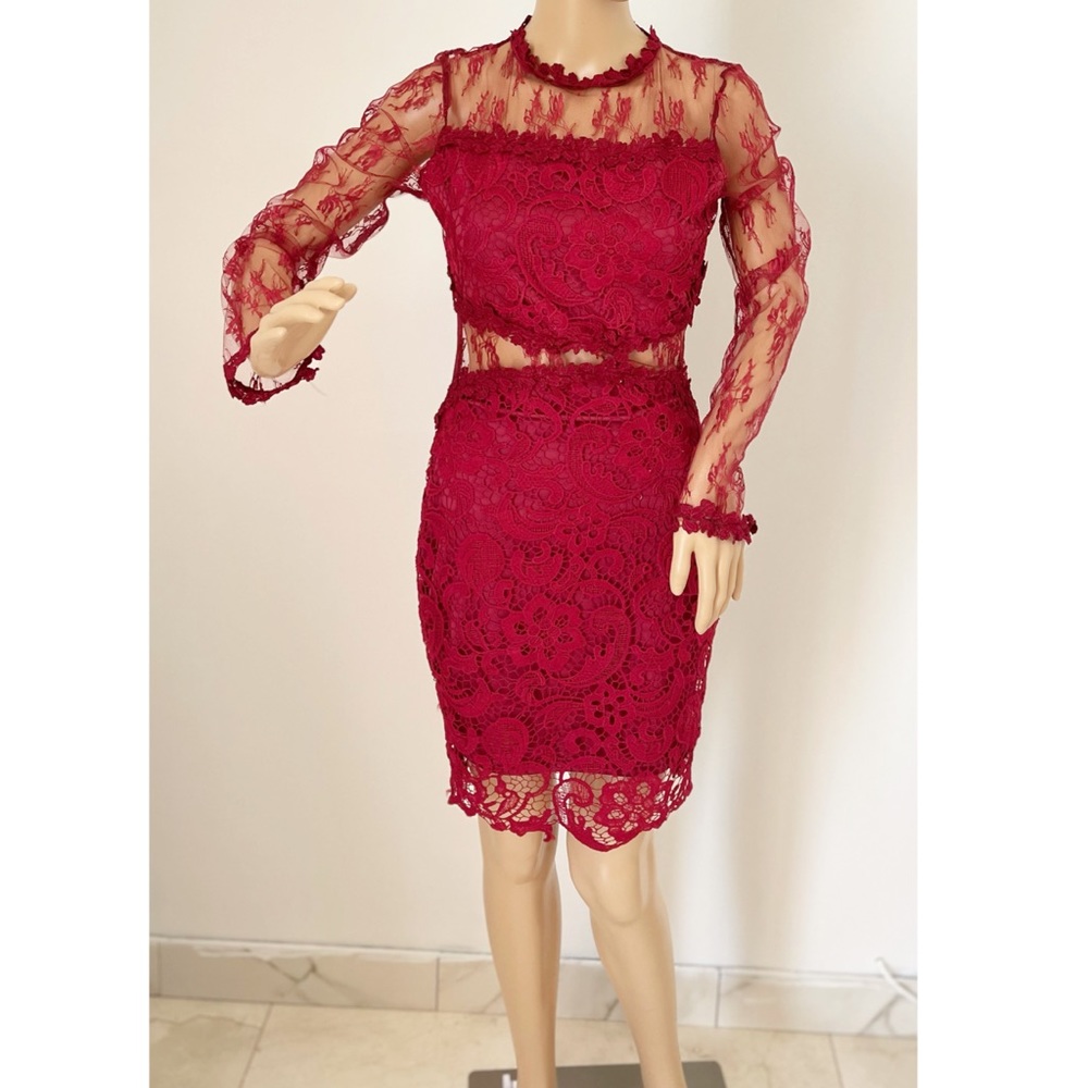 Women’s red dress. lace mesh red cocktail dress. See through back.